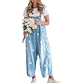 utcoco Women Floral Printed Adjustable Strap Denim Bib Overall Wide Leg Jeans Casual Baggy Overalls Jumpsuit