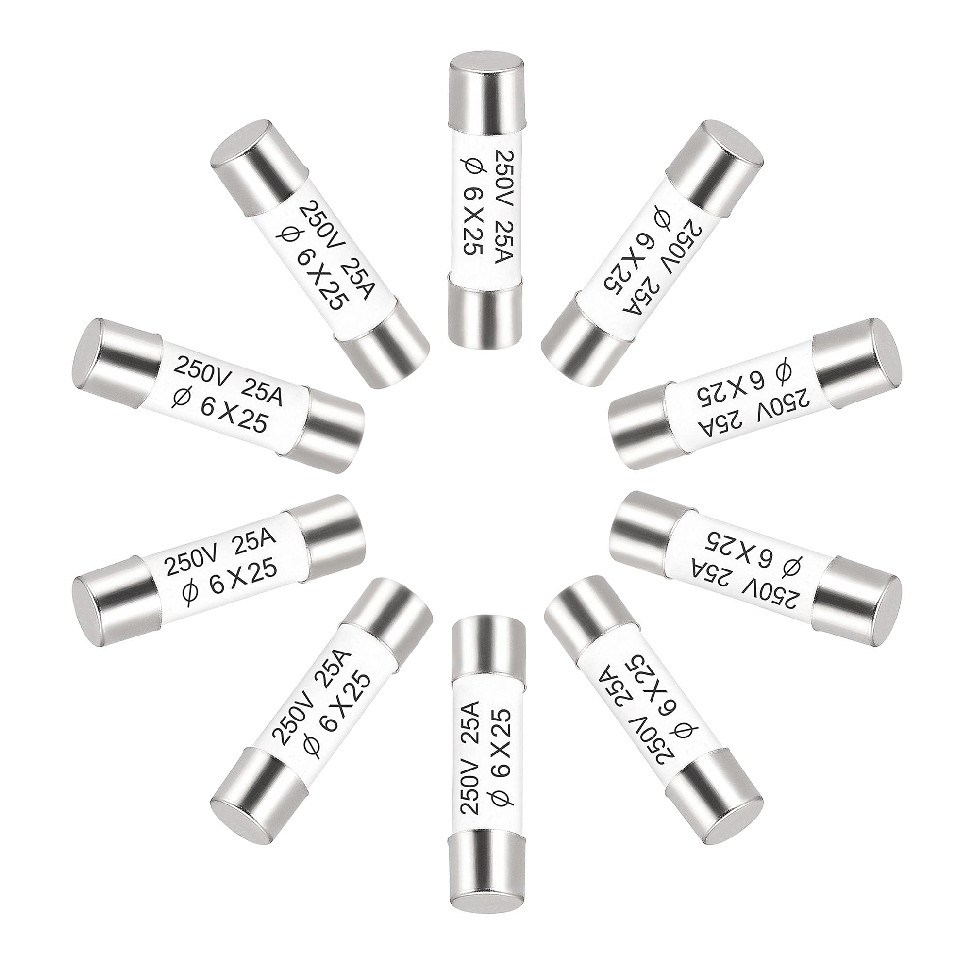 sourcing map Ceramic Cartridge Fuses 25A 250V 6x25mm Ceramic Fuses Fast Blow Replacement for Amplifier Energy Saving Lamp Ballast 10pcs