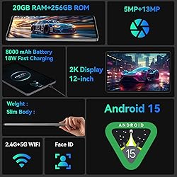 Tablet 12 Inch, Android 15 Tablet, 20GB RAM 128GB