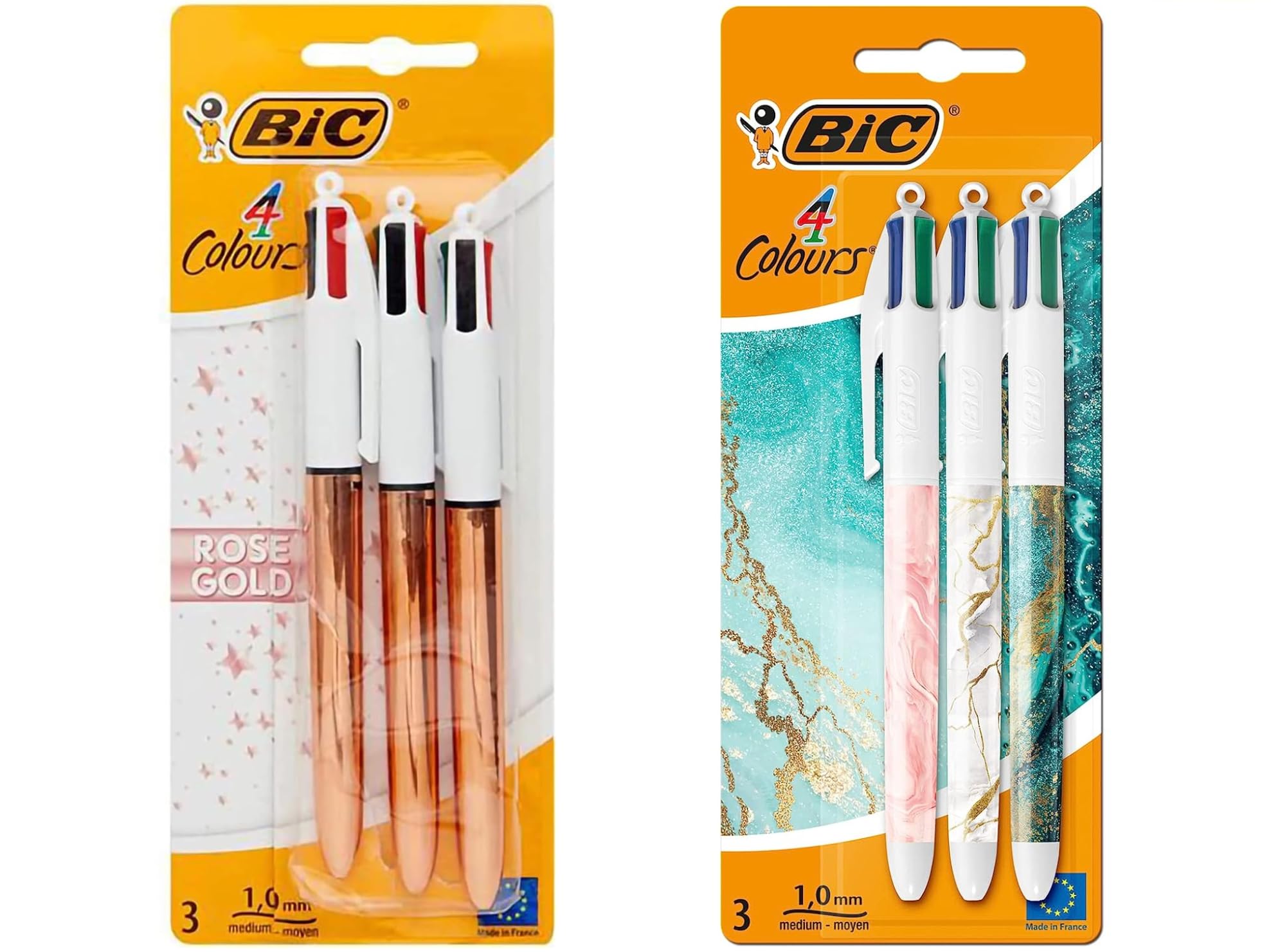 Bic 4 Colour Ballpoint Pens - Rose Gold. Pack of 3 & Marble BIC 4 colours in 1 retractable ball pen pack of 3 (Total 6 Pens)