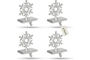 Iconikal 4-Pack Stocking Holders Christmas Chrome Metal Snowflake Weighted for Mantle, Holiday Fireplace Hangers