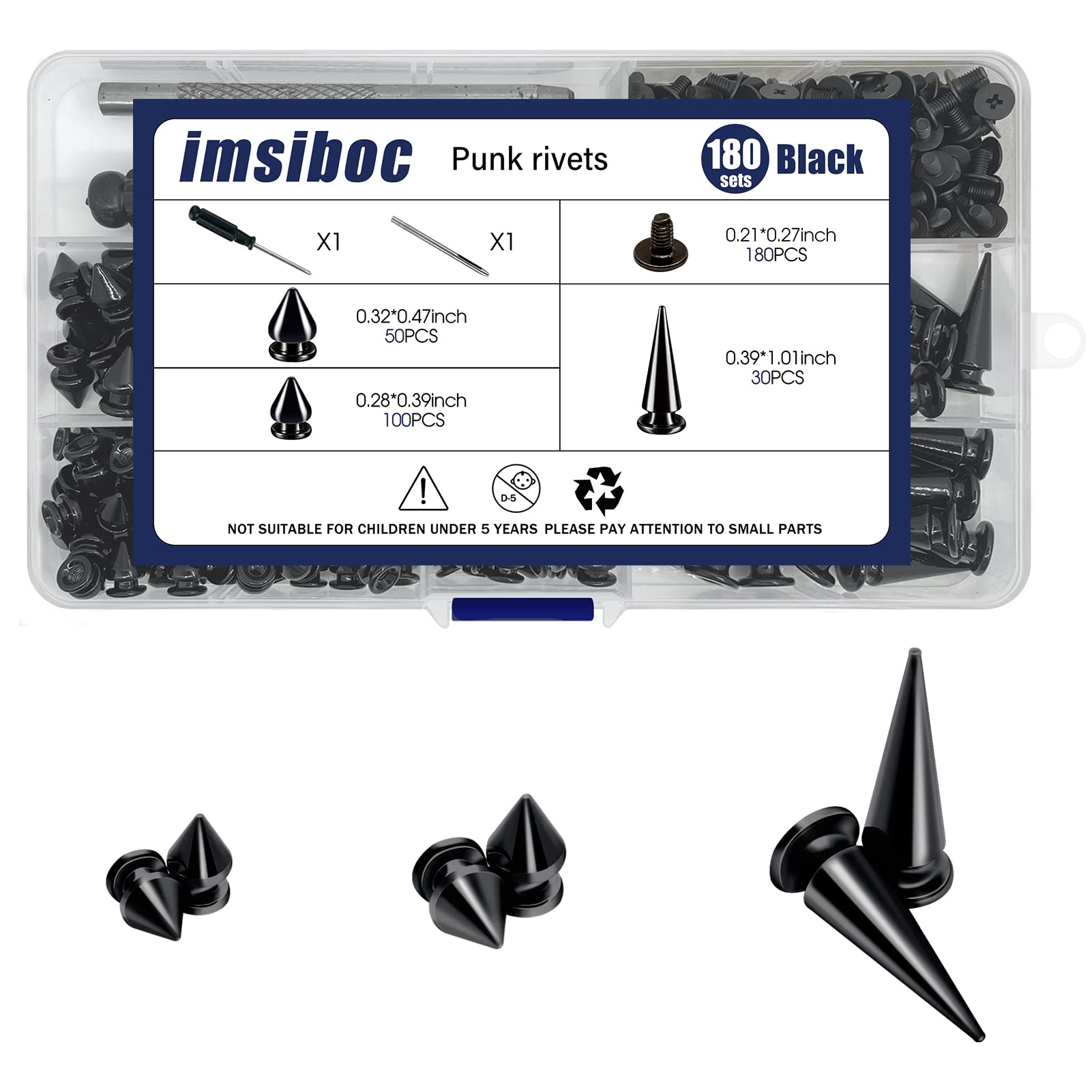 180 Sets of 3 Sizes Cone Spikes Metal Tree Spikes Screwback Studs for DIY Leathercraft Rivets Punk (Black)