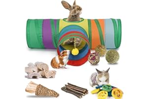 Mechpia Rabbit Toys, Bunny Tunnels and Tubes with Chew Toys for Grinding Teeth Apple Sticks Bamboo Carrot Loofah and Grass Ball for Rabbit Guinea Pig Chinchilla Ferret Rat