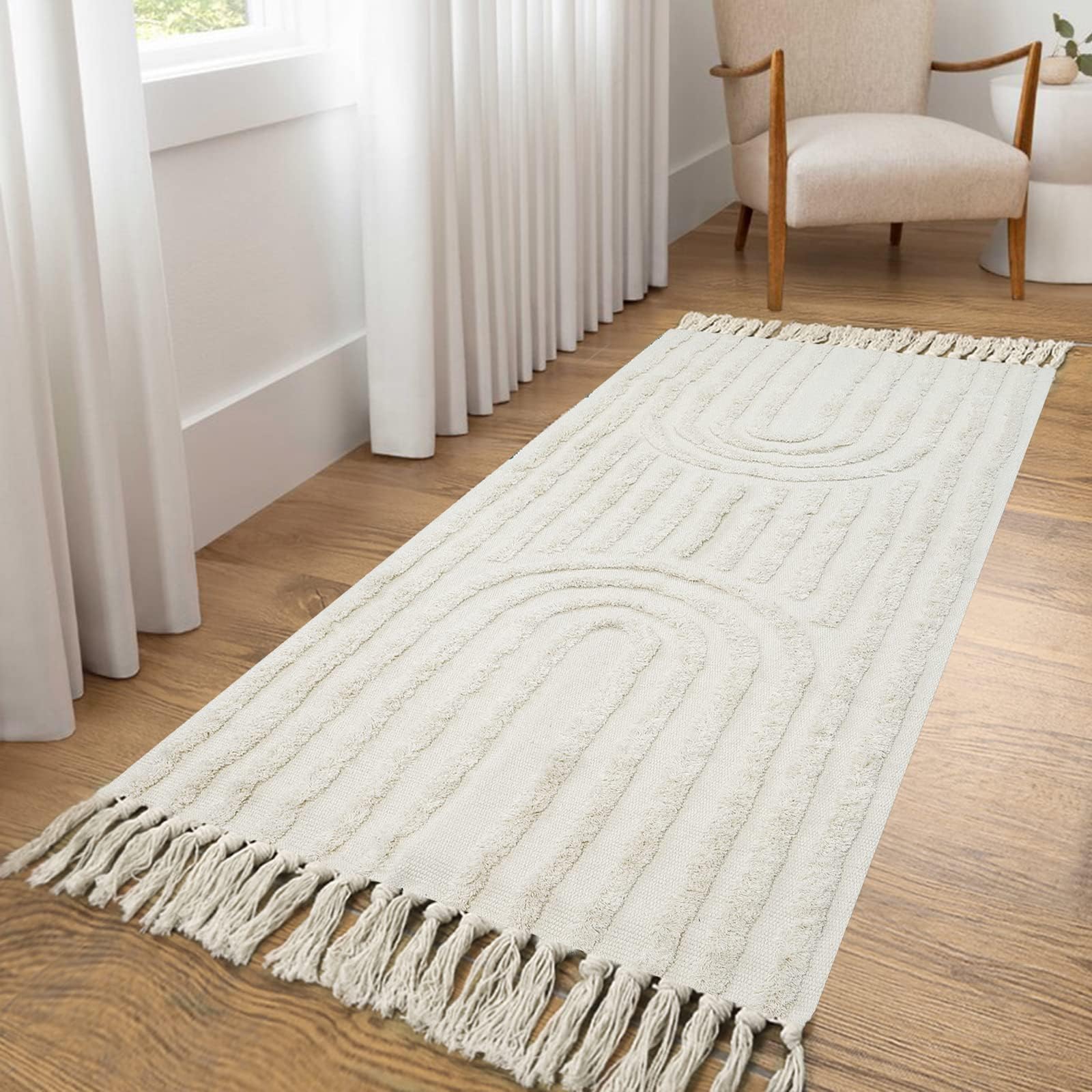 Photo 1 of LEEVAN Boho Kitchen Runner Rug 2'x4' Cotton BlendLaundry Room Beige Rainbow with Tassels Washable Farmhouse Bathroom Bohemian Rugs for Bedroom Hallway Throw Runner Rug/Kitchen Sink