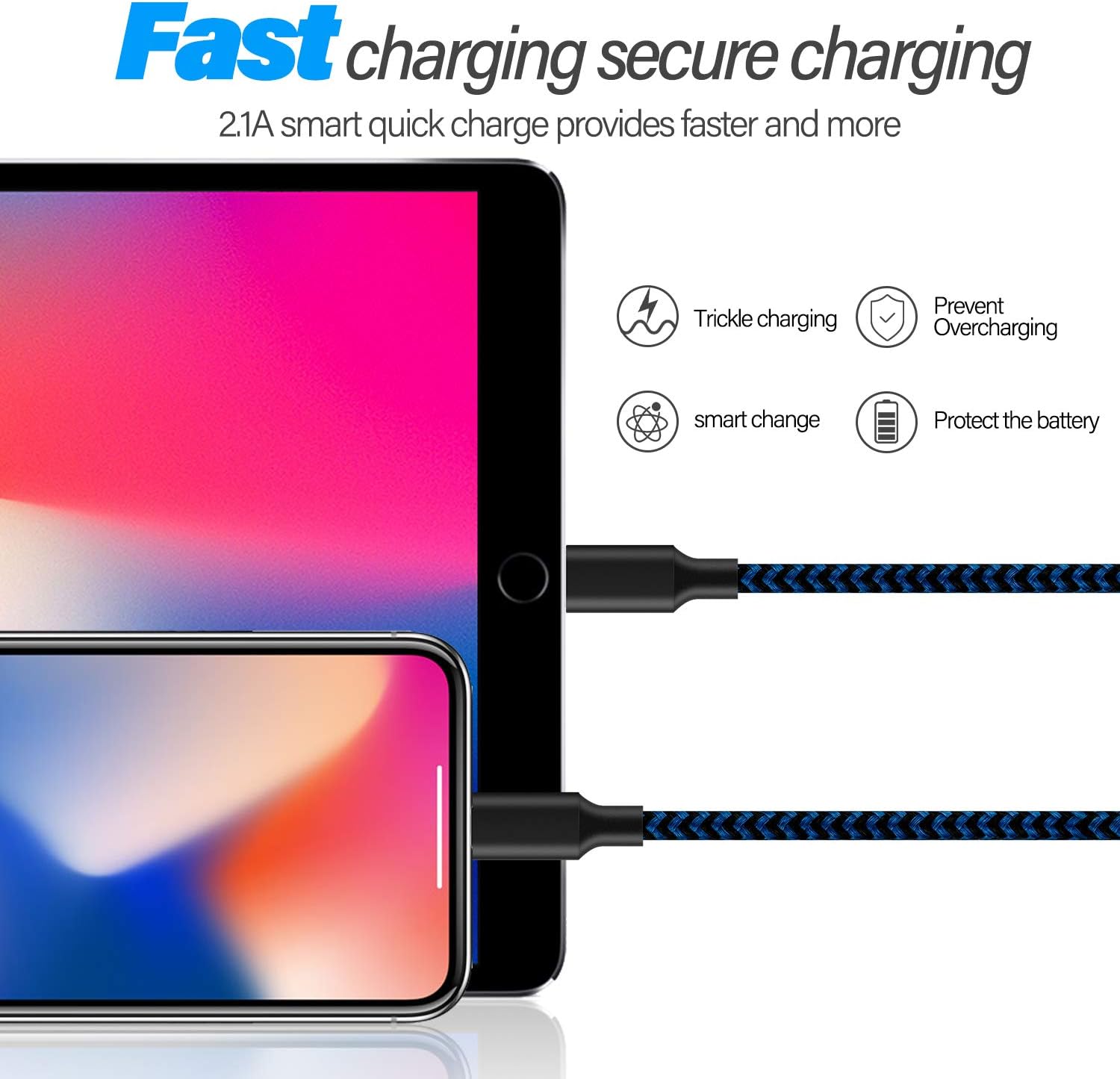 iPhone Charger Mfi Certified Lightning Cable 3Pack 10FT Nylon Braided iPhone Charger Cable Fast Charging Syncing Long Cord Compatible iPhone 12/Max/11Pro/11/XS/Max/XR/X/8/8P/7 - BlackBlue