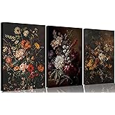 Framed 3Pcs Dark Floral Canvas Wall Art Set Moody Flower Prints Vintage Botanical Wall Painting, Rustic Farmhouse Black Floral Picture Art Moody Daisy Wall Decor for Living Room Bedroom12x16inx3
