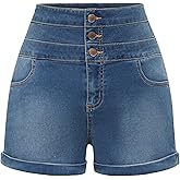 Women's High Waisted Trendy Button Fly Stretchy Casual Denim Shorts with Pockets