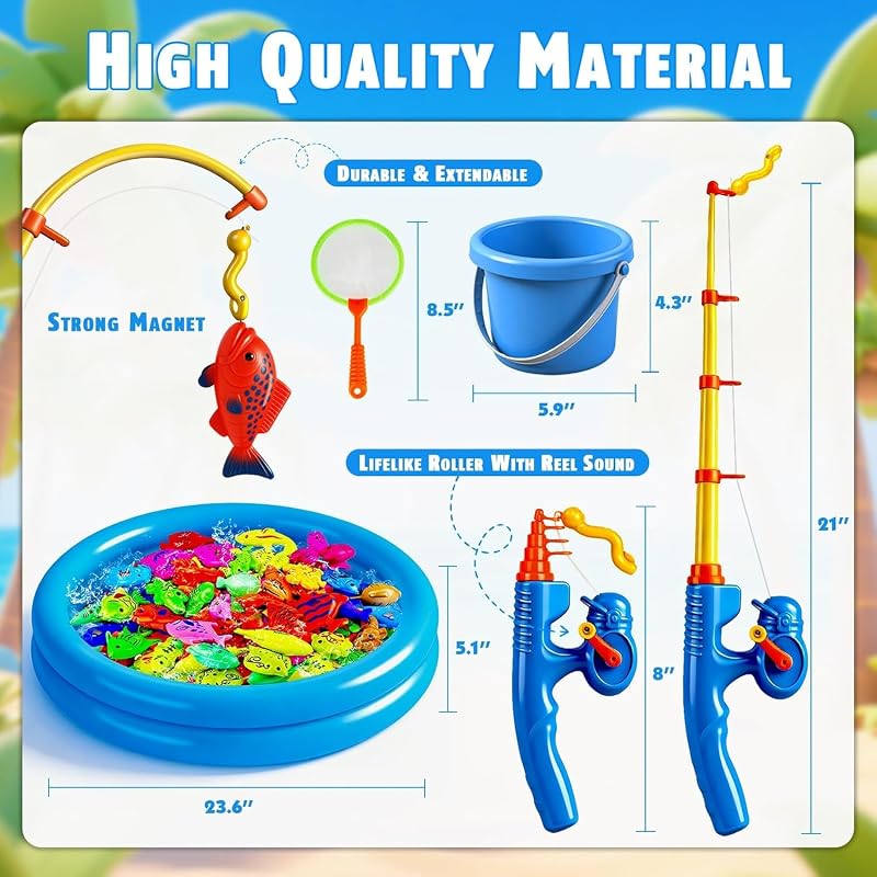 XXL Angelspiel Set mit Planschbecken Wasserspielzeug Kinder Outdoor & Poolspielzeug für Ihre 2 Kinder ab 3 Jahren -Strandspielzeug, Gartenspielzeug Badespielzeug Sandspielzeug inkl. 2 Angeln, 2 Eimer