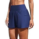 ATTRACO Women Swim Shorts Side Split Swim Trunk 2 in 1 Board Shorts with Pockets Swim Bottom