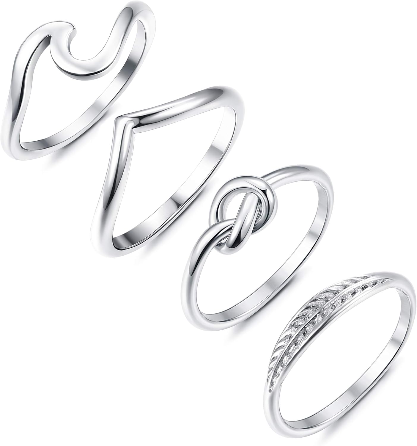 Adramata 4 Pcs Stainless Steel Engagement Wave Ring for Women Cute Thumb Band Rings Set