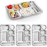 Fasmov 4 Pack Stainless Steel Rectangular Divided Dinner Tray, 6 Sections Stainless steel Metal Plate for Adults, Picky Eaters, Campers, and Portion Control