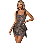 OYOANGLE Women's Sleeveless Sequin Bow Mini Dress Sparkling Bodycon Cocktail Party Dresses
