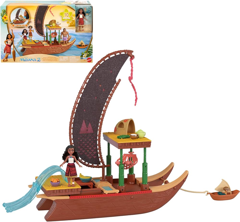 Mattel Moana 2 Adventure Canoe Playset with Moana Doll Heihei 10 Accessories