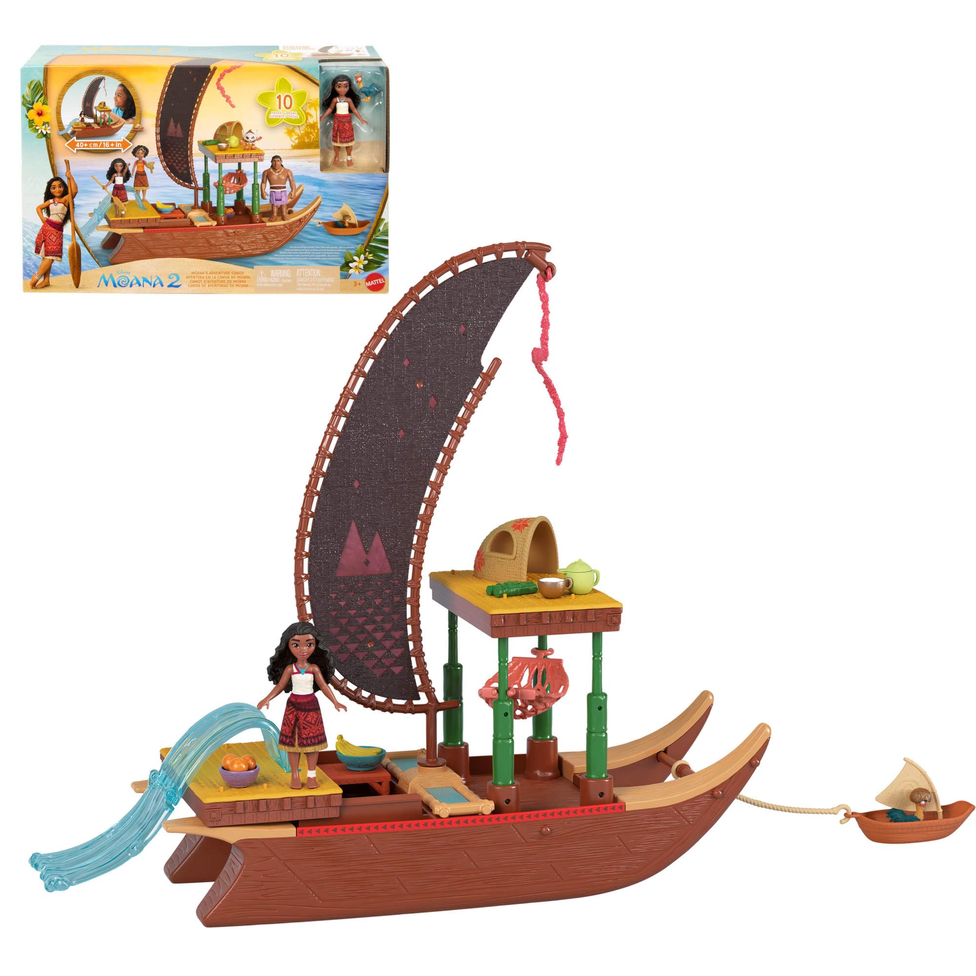 Mattel Disney Vaiana 2 Spielzeuge, Vaianas Abenteuerkanu-Spielset mit schwimmendem Kanu, kleiner Vaiana-Puppe, 1 Charakterfreund, 6 Spielbereichen und 10 Zubehörteilen, JBT78