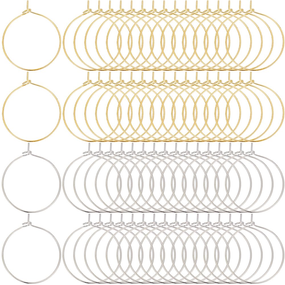 SOFPLATE 1 Box 200Pcs Round Hoop Earring Findings Silver Wine Glass Rings Gold Brass Large Smooth Open Dangle Hypoallergenic Circle Earring Hoops for jewellery Making Supplies Party Wedding DIY Craft