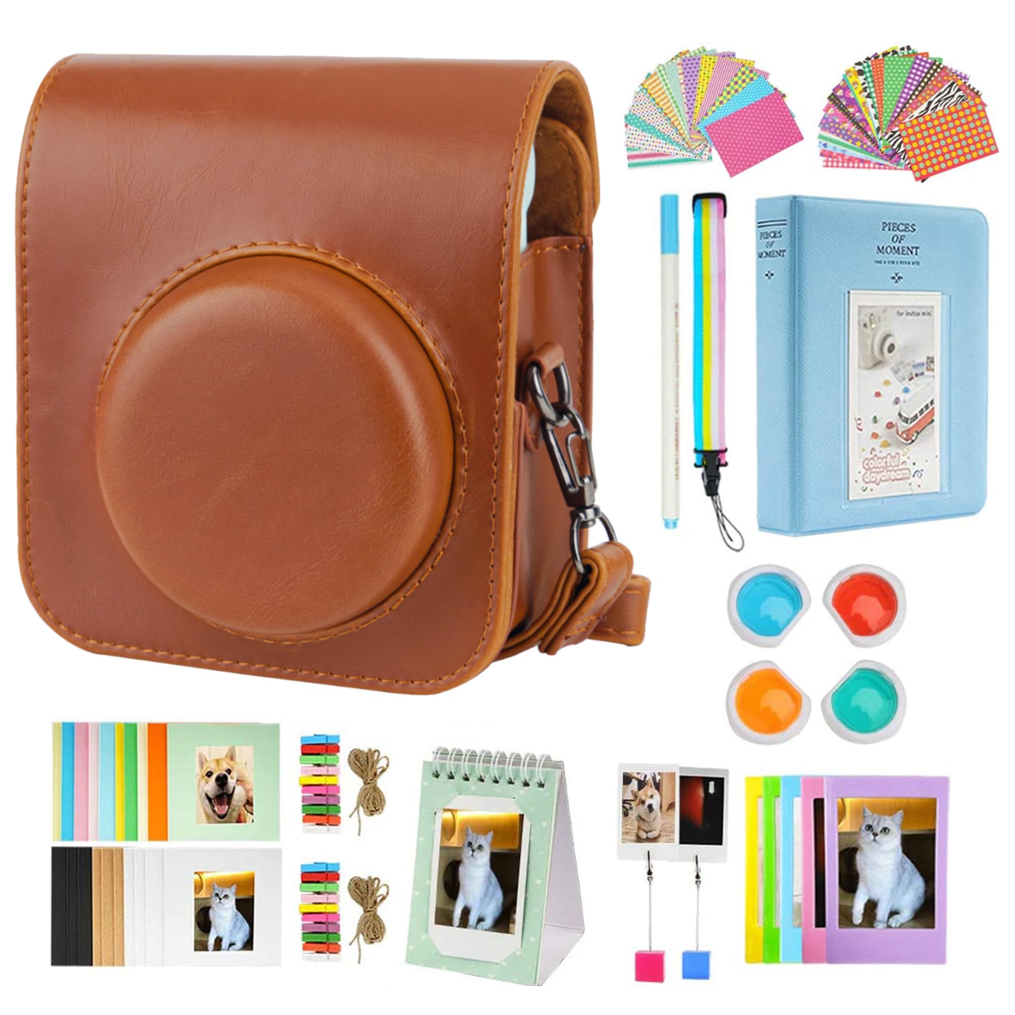 Risou Mini 12 Camera Accessories Bundles Compatible with Instax Mini 12. - Kit Includes: Camera Case/Photo Album/Filters/Wall Hanging Frames/Stickers/Pen(12 in 1) (Brown)