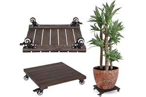 Timberholm 2PCs 14 INCH Wood Plant Caddy with Wheels, Rolling Plant Stand Heavy Duty, 250lbs Capacity Plant Dolly, Plant Stand with 360° Lockable Wheels for Plant Pots, Square Walnut