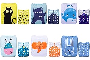 ALVABABY Cloth Diaper One Size Adjustable Washable Reusable for Baby Girls and Boys 6 Pack with 12 Inserts (Unisex Color 04)