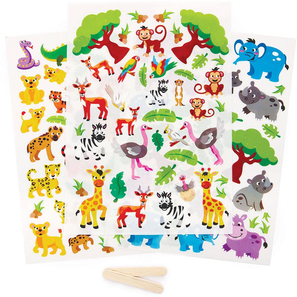 Baker Ross Jungle Animal Rub-On Transfer Stickers - Pack of 120, Waterproof, Paper, Playful, Semi-Glossy, Kids, Animal, Sticker Decals
