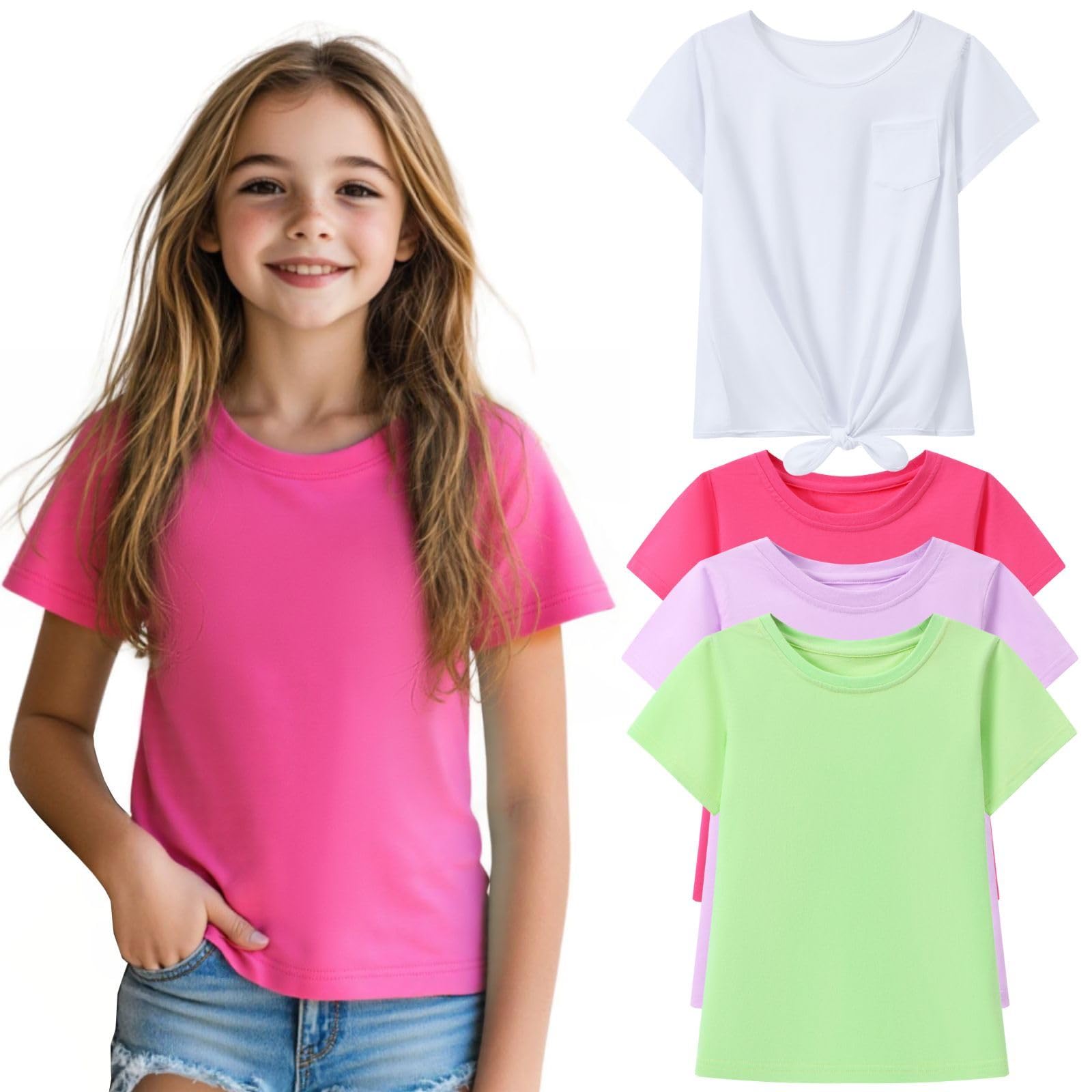 Photo 1 of HILEELANG Tween Girl Short Sleeve Tees Shirts Summer Soft Pure Cotton Plain Solid Color White Purple Rose Green Tops Basic T-Shirts 4 Packs Size 12