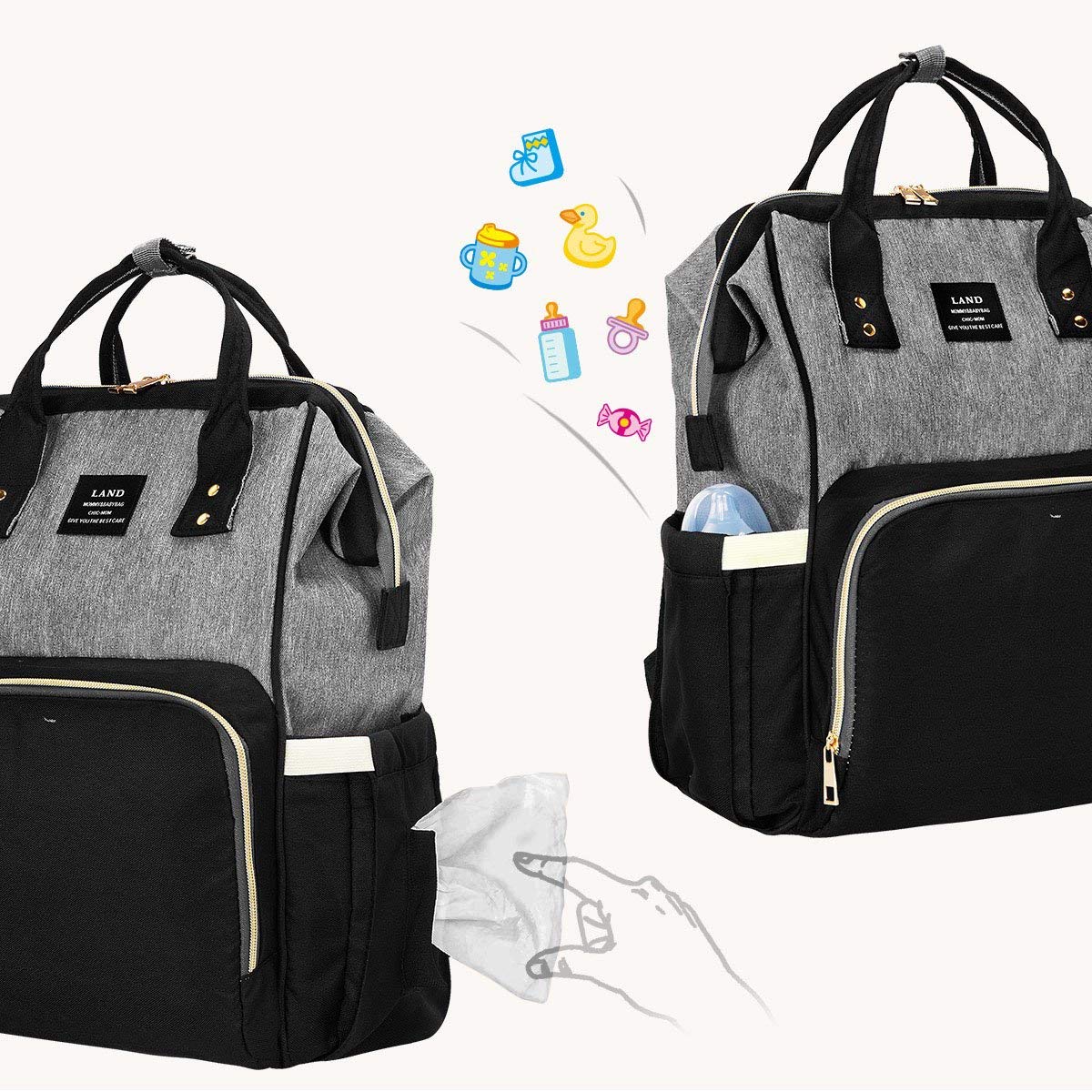 Landuo Diaper Bag Multi-Function Waterproof Travel Backpack Large Nappy Bags for Baby Care, Large Capacity, Stylish and Unisex (Grey-Black)