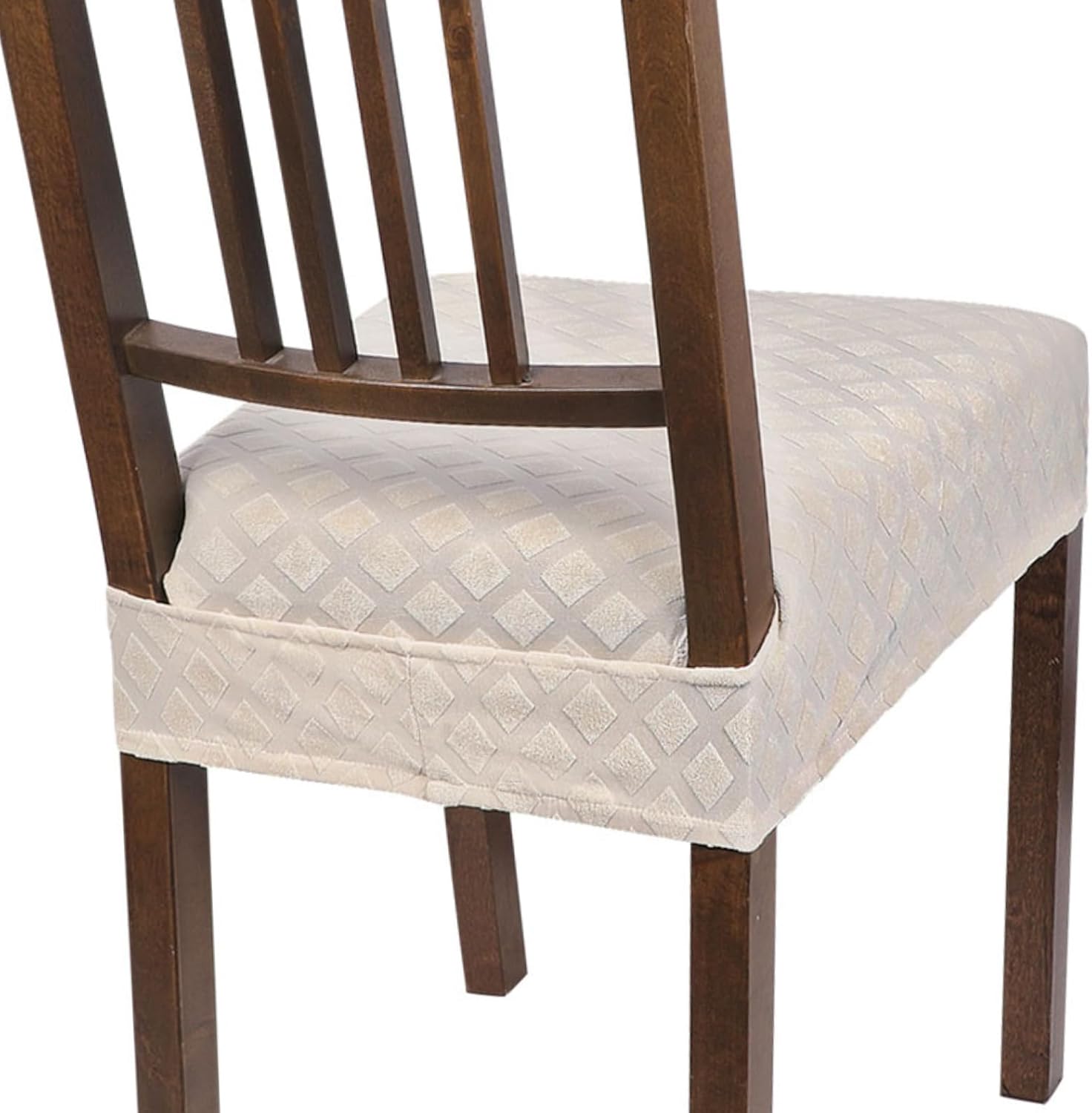 Slipcovers - SearchI Stretch Dining Chair Seat Covers Set of 4, Soft Removable Washable Seat Covers for Dining Chairs, Dining Room Seat Cover Slipcover Protector (Rear-Covered, Beige Diamond Jacquard)