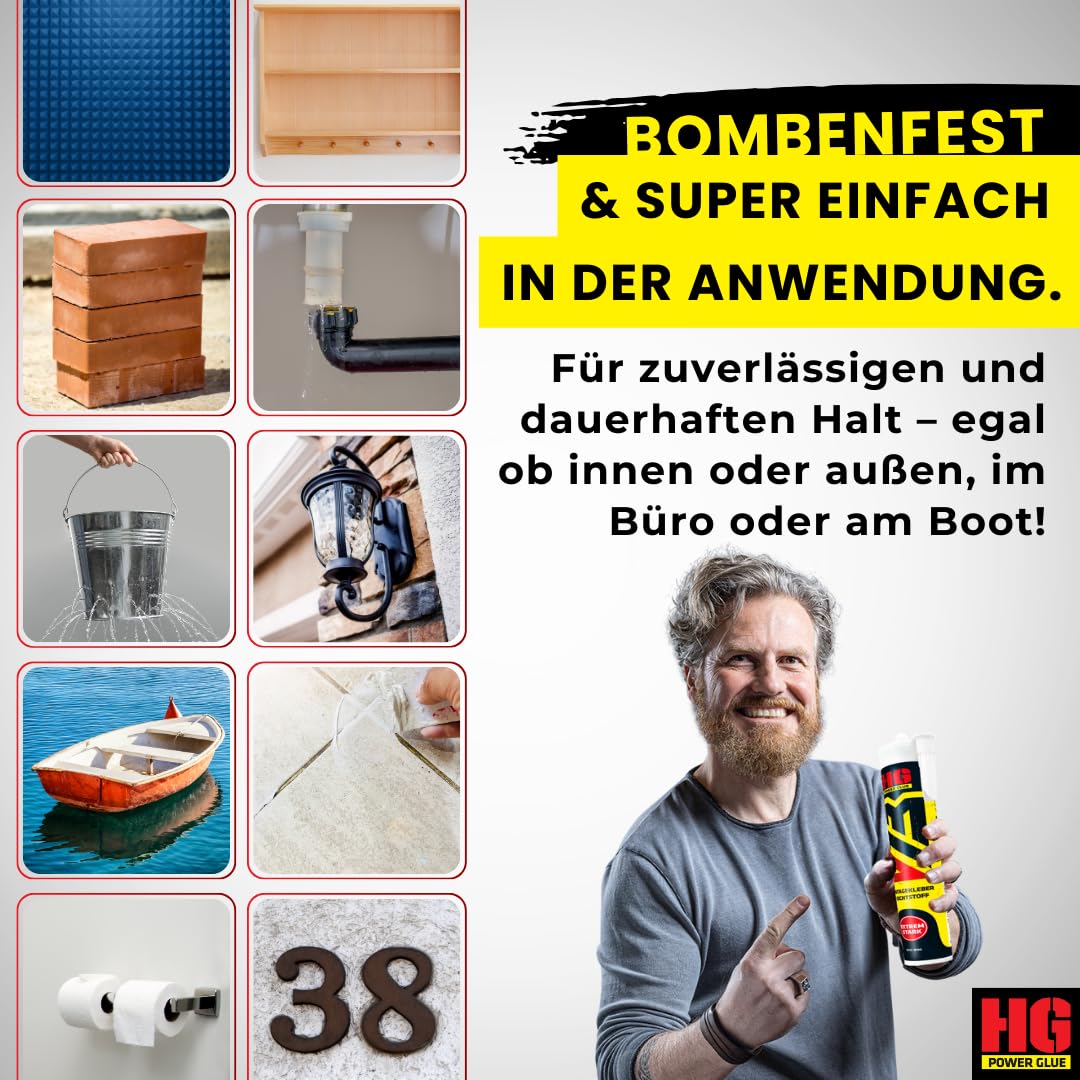 HG POWER GLUE V13 Ultra Hochleistungs-Montagekleber und Dichtstoff extra stark, Kraftkleber für außen und innen, Kleber mit super starker Anfangshaftung, enorme Endfestigkeit, Kartusche 440g weiß 4