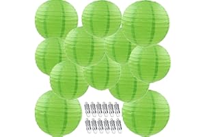 NUDALA 12pcs Green Paper Lanterns with 12pcs White LED Lights, 6" 8" 10" 12" Round Hanging Chinese/Japanese Ball Lantern for St Patrick's Day Easter Party Decorations