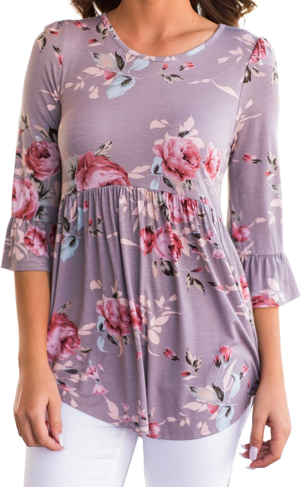 TongKiKi Women's Casual Scoop Neck Half Ruffle Sleeve Floral Tops Tunic