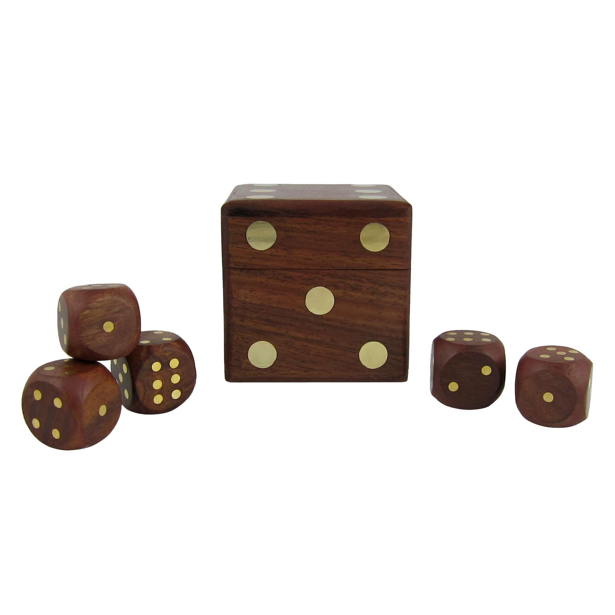 Ajuny Handmade Wooden Game Dice Box Holder With Five Wood Dices Boxed In Size 2.5x 2.5x2.5 Inches