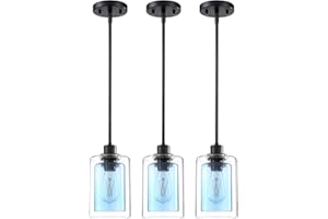 SEENMING HOUSE 1 Light Hanging Indoor Kitchen Island Pendant Lights,Handblown Clear Glass Ceiling Light Shade Fixtures Black Finish Modern Farmhouse Dinning Over Sink (Blue Glass, 3 Pack)
