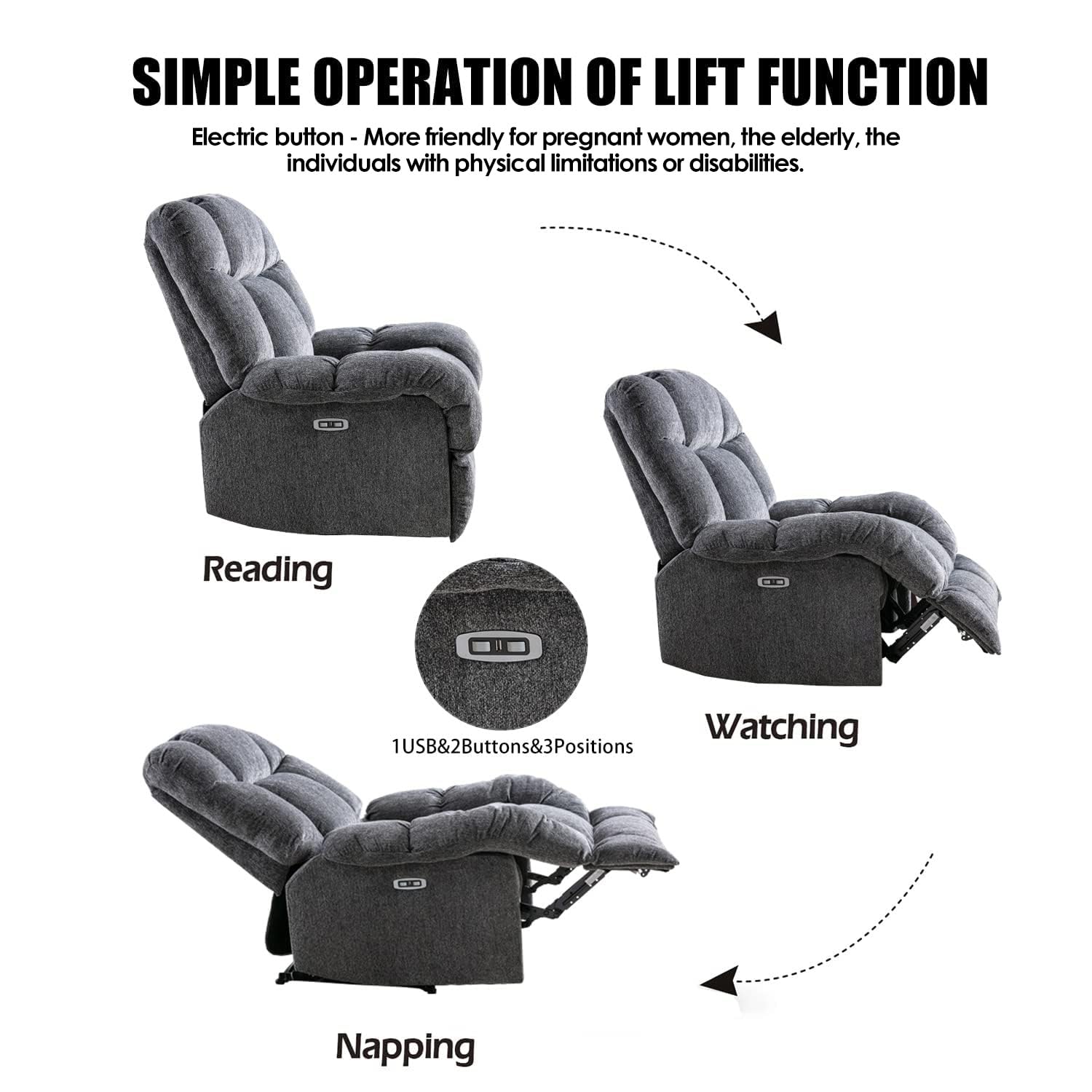 INZOY Electric Power Recliner Chair with USB Charge Port, Electric Reclining Recliner with Upholstered Seat, Overstuffed Single Sofa for Living Room Bedroom, Dark Grey