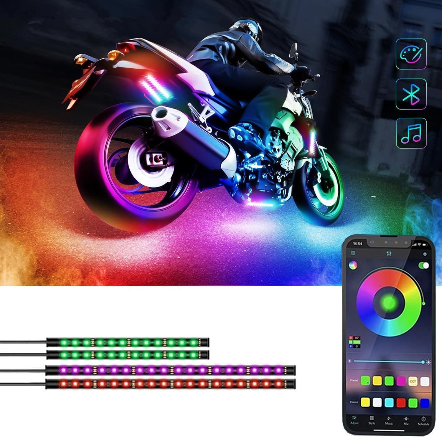 Photo 1 of Sxlofty 4 Pcs Motorcycle LED Light Kits, App Control Multicolor Waterproof Motorcycle LED Strip Lights, Music Sync & Multiple Scene Modes RGB LED Lights for Motorcycles, DC 12V