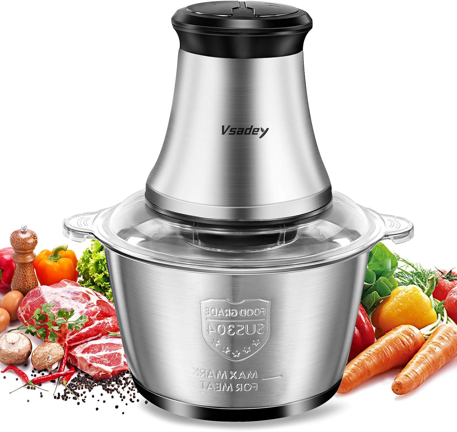 Vsadey Food Processor 8 Cup Electric Meat Grinder for Meat Vegetable Fruits Nut Herbs Blender with Stainless Steel Bowl,4 Sharp Blades,350W