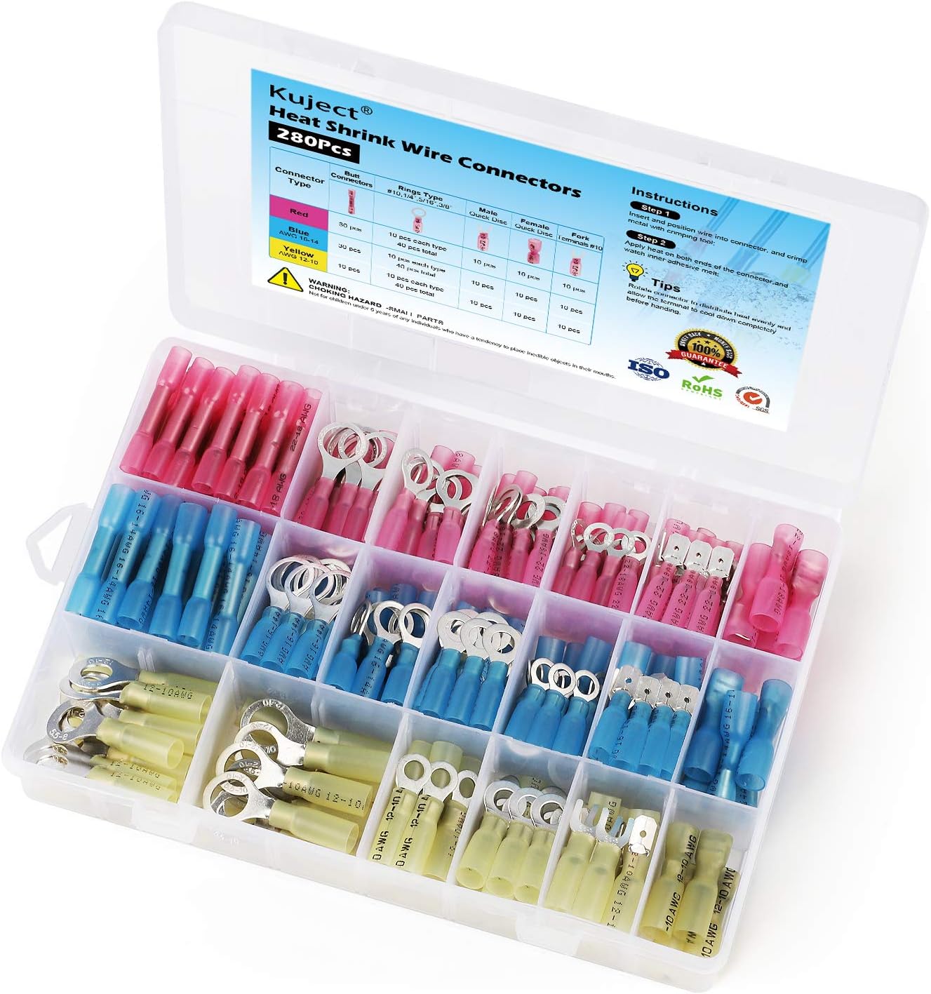 Kuject 280PCS Electrical Wire Connectors Kit, Heat Shrink Waterproof Crimp Butt Connectors Include Rings, Fork, Spade Terminals for Marine, Boat, Wire Joint, Motorcycle, Automobile, Aircraft: Car Electronics