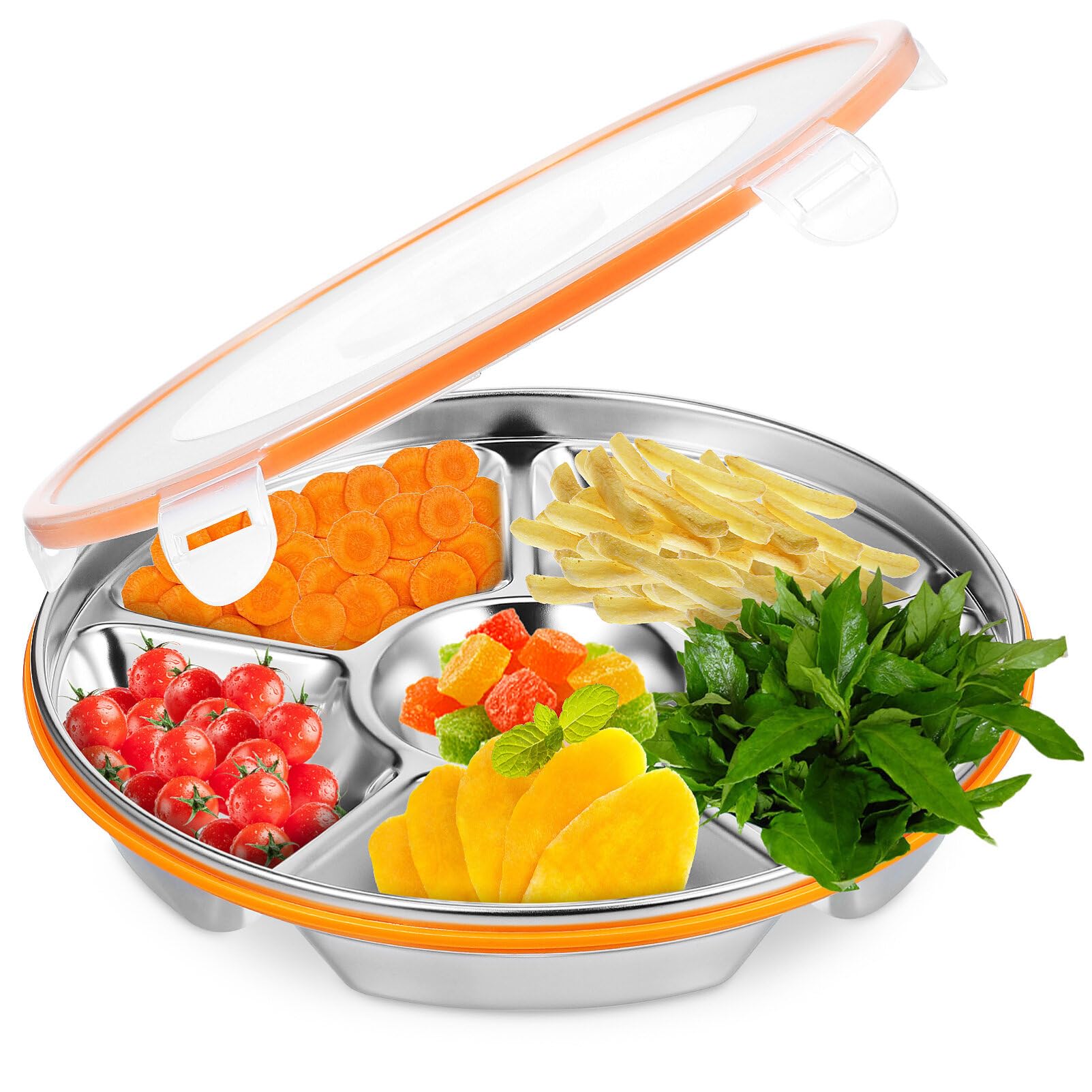 Photo 1 of Luxshiny Divided Serving Tray with Lid, 6 Compartments Snack Tray Stainless Steel Vegetable for Party Platter Snack Box Container Fruit s Veggie