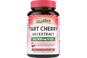 Vitalibre Tart Cherry Capsules, 500 mg Extract, Concentrated 60:1 Extract, 30000 mg Strength, Montmorency Tart Cherries, Uric Acid Balance, Sleep Support, Non-GMO, 60 Vegan Capsules