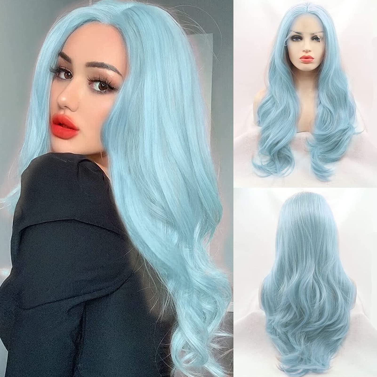 Pastel Baby Blue Wig Light Blue Lace Front Wigs for Women Long Wavy Soft Natural Hairline Free Part Neon Colorful Wig Real Hair Wigs Coloured Synthetic Glueless Afro Daily Cosplay Drag 24Inch — image 1
