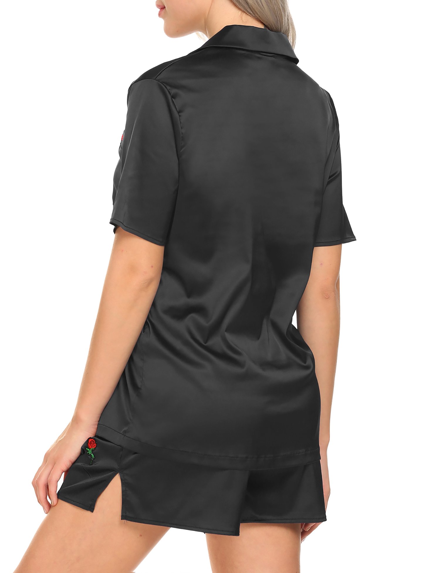 Ekouaer Rose Patchwork Pajamas Set Short Sleeve Sleepwear For Women(Black XL)