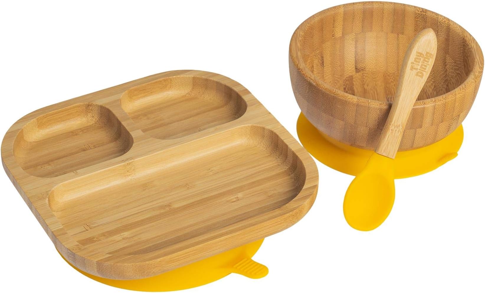 Tiny Dining Baby Dinner Set - Segmented - Yellow - 3pc - Divided Non-Slip Bamboo Self-Feeding Weaning Plate, Bowl & Spoon for Babies, Toddlers, Children