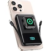 Magnetic Portable Charger for iPhone with Built-in Cable,10800mAh Wireless Power Bank for Magsafe Travel Essential,6-in-1 25W PD Fast Charging USB C Battery Pack for iPhone 17/16/15/14/13, Apple Watch