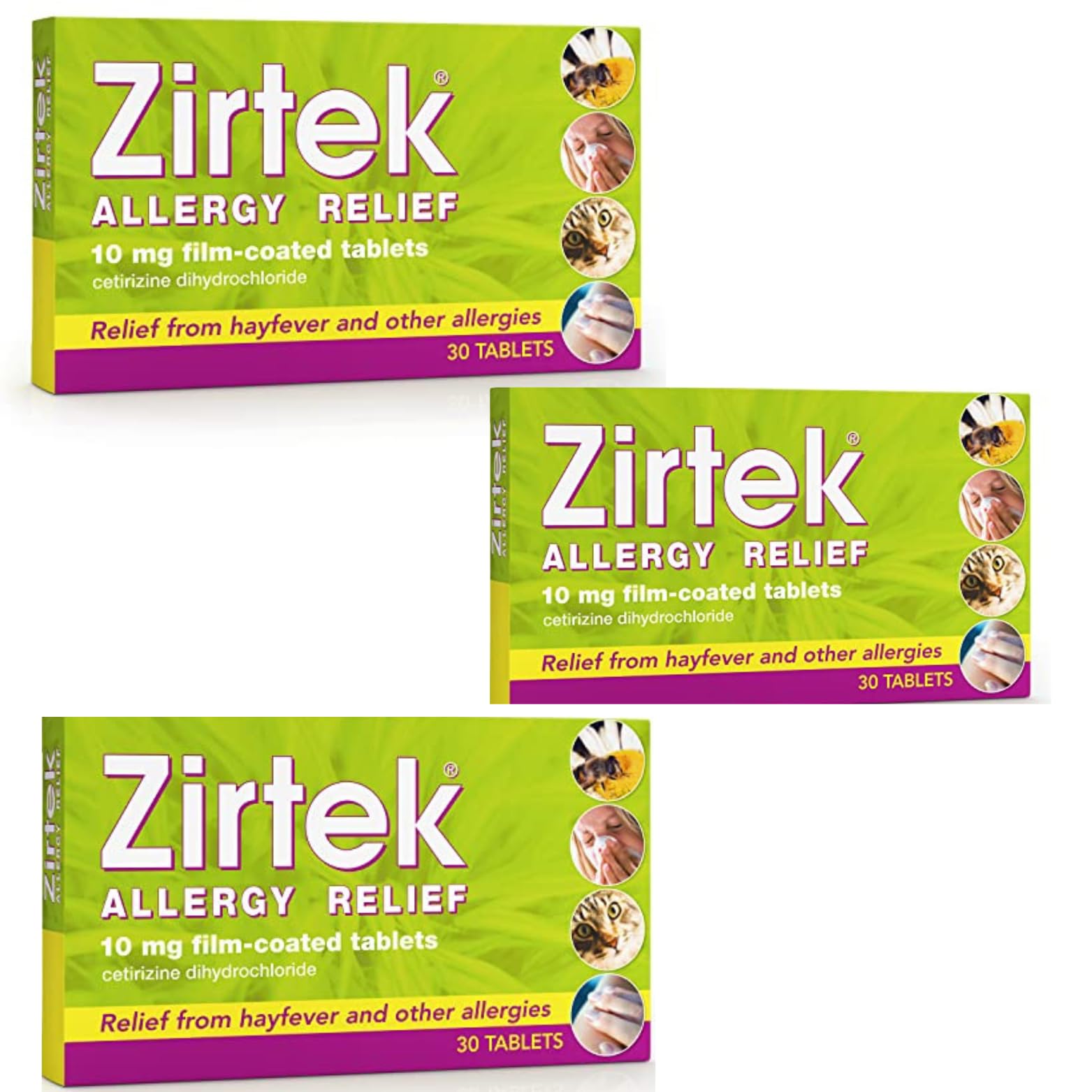 Zirtek Allergy Relief, 3 x 30 Tablets | Hayfever, Dust, Pets, and Hives | Cetirizine Antihistamine Tablet | Helps Relieve Allergic Symptoms | for Adults and Children Over 6 Years