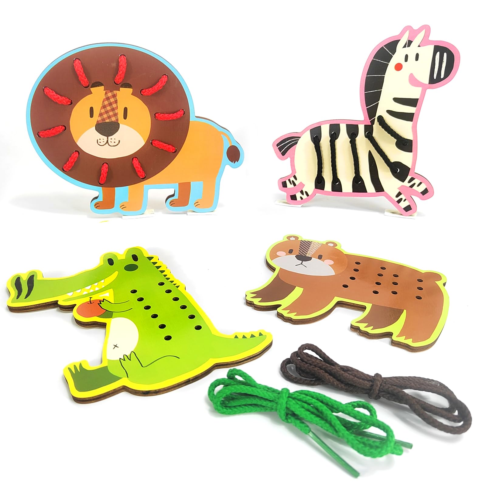 Toddler Threading Toy, 4 Pcs Wooden Lacing Threading Toys Animals Montessori Educational Lacing Toy Toddler Travel Toys Gifts for Boy Girls 2-5 Years Old