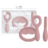 ezpz Oral Development Tools (3 Pack in Blush) - 3 Months+ - 100% Silicone | Non-Slip Loop, Smile and Stick 100% Silicone Tools - Prepare for Chewing + Solids - Baby-Led Weaning Supplies