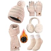 Jyanl Womens Winter Beanie Hat Scarf Gloves Set Fleece Hat Long Scarf Neck Warmer Ear muffs Fuzzy Socks 5 in 1 Knit Sets