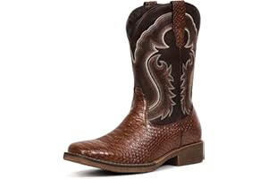 IUV Cowboy Boots for Men Faux Snake Skin Embroidered Western Boots Slip Resistant Square Toe Pull on Mid Calf Cowboy Boot