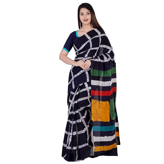Pure Cotton Mal-Mal Printed Saree With Blouse Piece BLACK AND WHITE BOX PRINT FULL SAREE MOM BATIK NETURAL HAND BLOCK PRINT (Cotton malmal,BLACK BOX)
