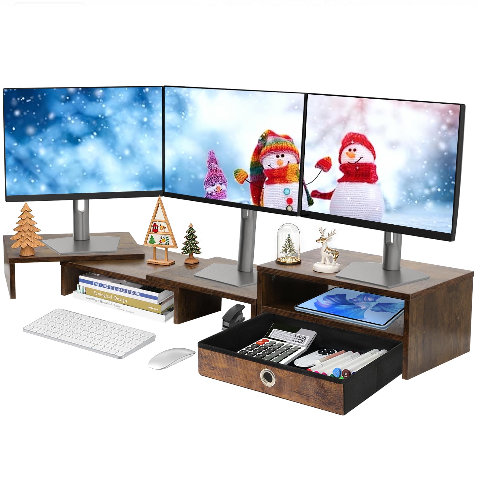 Photo 1 of Caredear Monitor Riser for 3 Monitors, Dual Monitor Stand for Desk, Triple Monitor Stand with Drawer, Dual Monitor Stand with Storage, Extra Long Triple Monitor Riser up to 52", Angle Adjustable