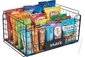 Dewsea Snack Organizer Basket, Foldable Wire Storage Basket with Handles, Stackable Pantry Organizer for Cupboard, Kitchen Ca