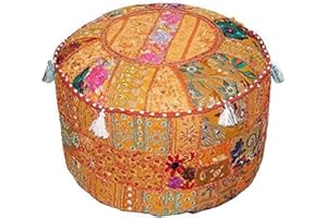Aakriti Gallery Indian Pouf Footstool Ethnic Embroidered Pouf Cover, Indian Cotton Round Pouffe Ottoman Pouf Cover Pillow Ethnic Decor Art - Cover Only (Orange, 22x14)